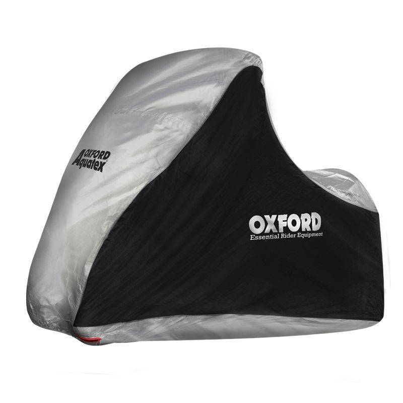 Silver and black motorcycle cover featuring the Oxford logo, made from durable material, designed for weather protection with a snug fit for various motorcycle models.