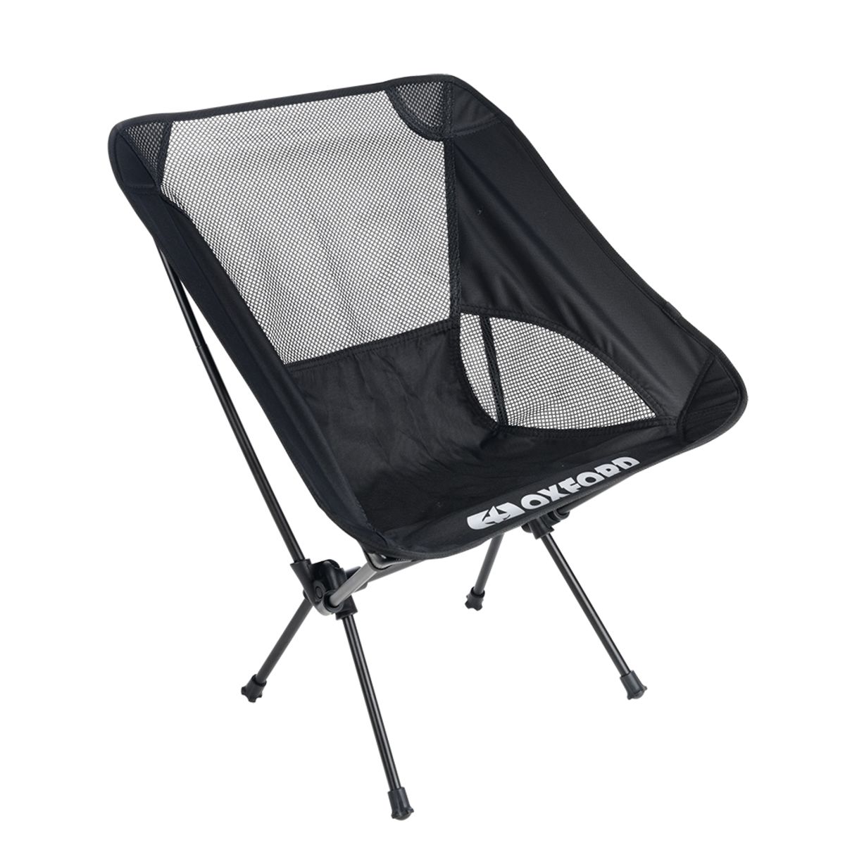 Lightweight black camping chair with a mesh backrest, sturdy black metal frame, and the Oxford logo on the front, designed for comfort and portability.