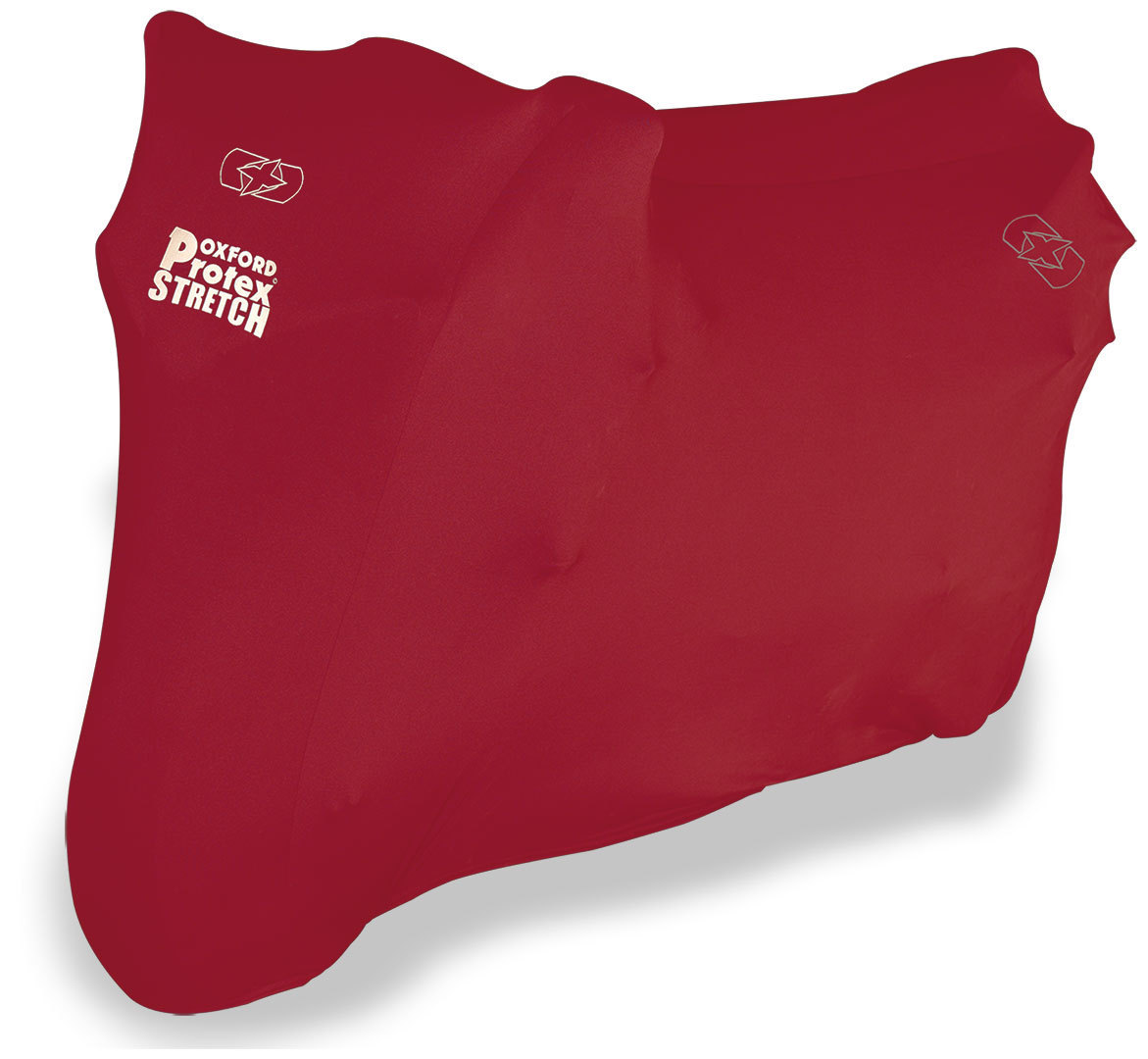 Red Oxford Protex Stretch indoor motorbike cover in XL size, made from stretchy material, featuring the Oxford logo prominently displayed.