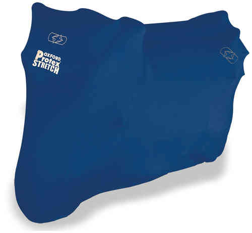 Blue Oxford Protex Stretch indoor motorbike cover, made from durable material, designed for size L bikes, featuring the Oxford logo prominently displayed.