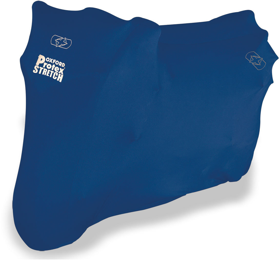 Blue Oxford Protex Stretch-Fit indoor motorcycle cover in a small size, featuring a stretchy material for a snug fit and the Oxford logo prominently displayed.
