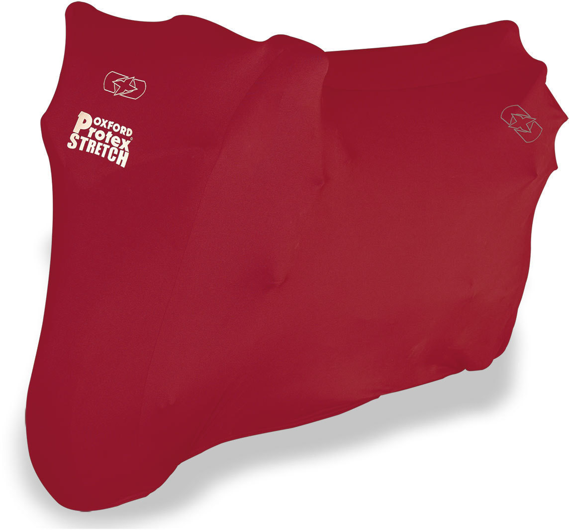 Red Oxford CV174 motorcycle cover made from stretchy material, featuring the Oxford logo prominently displayed on the side, designed for weather protection and a snug fit.