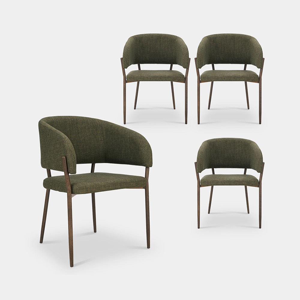 Set of four mid-century dining chairs featuring a rich green fabric upholstery and sleek wooden legs, showcasing a modern, curved design for stylish dining.