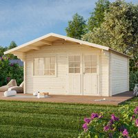 Wooden log cabin garden building with double doors, large windows, and pitched roof, set on a wooden deck.