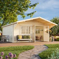 Wooden log cabin garden building with large windows, double doors, and a sloped roof, surrounded by greenery.