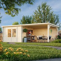 Palmako Ella log cabin summerhouse, light wood, large windows, double doors, covered patio area with outdoor furniture.