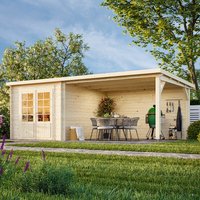 Beige wooden log cabin summerhouse with large windows, flat roof, and attached open porch in a garden setting.