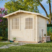 Beige wooden log cabin summerhouse with double doors, window panes, and pitched roof, set in a garden.