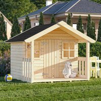Palmako children's cabin playhouse with natural wood finish, front porch, window shutters, and gabled roof.