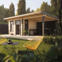Palmako Grace 3m x 2.9m pent log cabin with gazebo, natural wood finish, flat roof, and open side shelter.