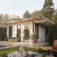 Palmako Grace log cabin with pent roof, large windows, and canopy, set in a garden with trees and patio furniture.