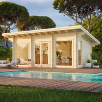 Wooden log cabin garden building with large windows, double doors, flat roof, surrounded by trees and poolside deck.