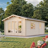 Log cabin garden building with double doors, large windows, and pitched roof, surrounded by grass and flowers.