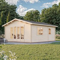 Wooden log cabin garden building with large windows, pitched roof, and light wood finish, set on a grassy area.
