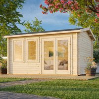 Wooden log cabin garden office with large windows, double doors, and pitched roof, surrounded by greenery.