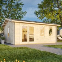 Palmako Iris log cabin garden building, natural wood finish, large windows, double doors, pitched roof.