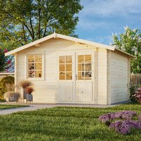 Wooden log cabin summerhouse with double doors, large windows, and pitched roof, set in a garden.