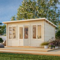 Beige wooden log cabin garden room with double doors, large windows, and flat roof, set on a wooden deck.