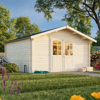 Beige wooden log cabin garden room with double doors, windows, and gabled roof, surrounded by grass and flowers.