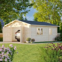 Wooden log cabin garage with double doors, extra wide design, natural finish, pitched roof, surrounded by greenery.