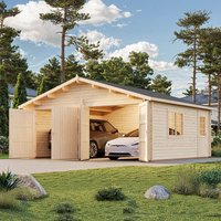 Wooden log cabin double garage with double doors, natural finish, pitched roof, and windows on the side.