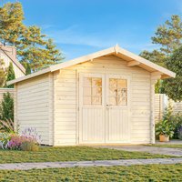 Wooden log cabin summerhouse with double doors, large windows, and pitched roof, set in a grassy garden.
