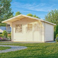 Wooden log cabin garden room with double doors, two windows, and pitched roof set in a grassy garden.