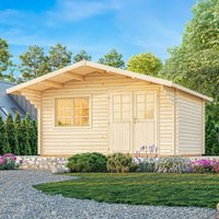Wooden log cabin garden building with double doors, a window, and a pitched roof, surrounded by greenery.