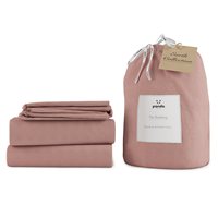 Complete bedding set in Himalayan pink, featuring bamboo and French linen materials, includes fitted sheet, flat sheet, and pillowcases, packaged in a matching drawstring bag.