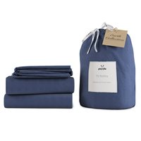 Midnight navy bedding set by Panda, featuring super king size sheets made from bamboo and French linen, neatly packaged with a tied ribbon label.