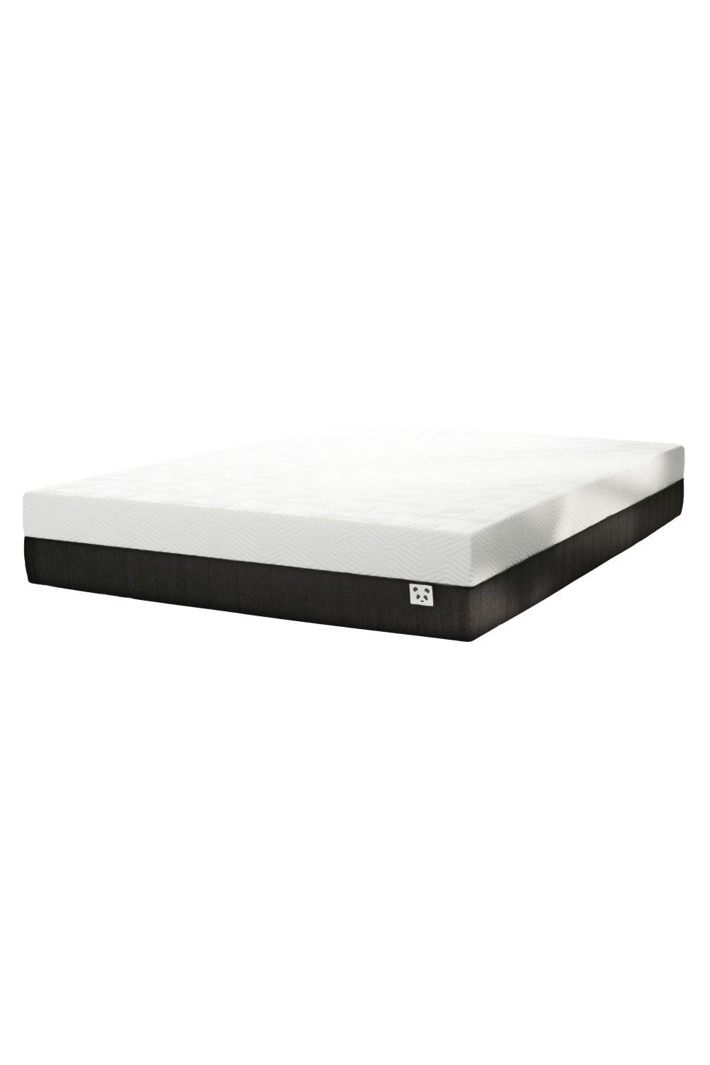 White double mattress with a textured surface, made from hybrid bamboo material, featuring a dark fabric base and a subtle Panda logo on the side.