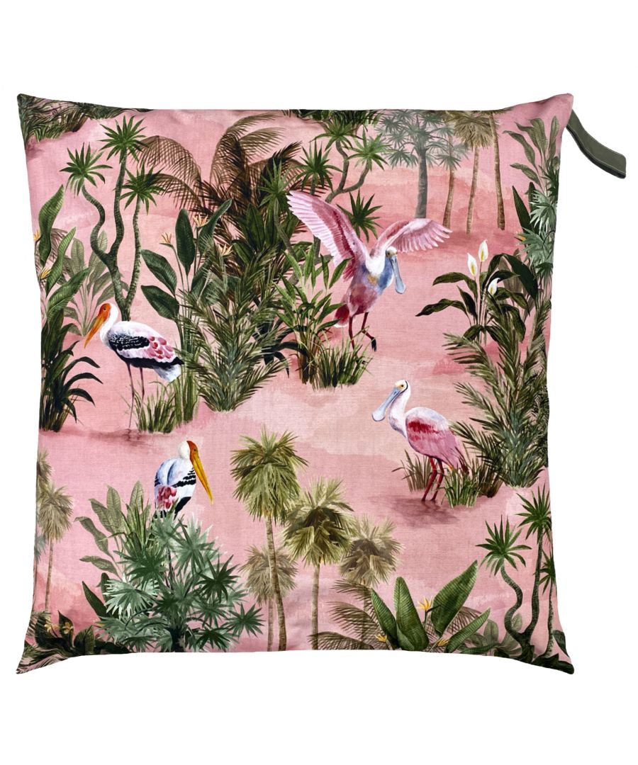 Blush pink floor cushion featuring a vibrant tropical print with birds and lush greenery, made from durable polyester with a handle for easy carrying.