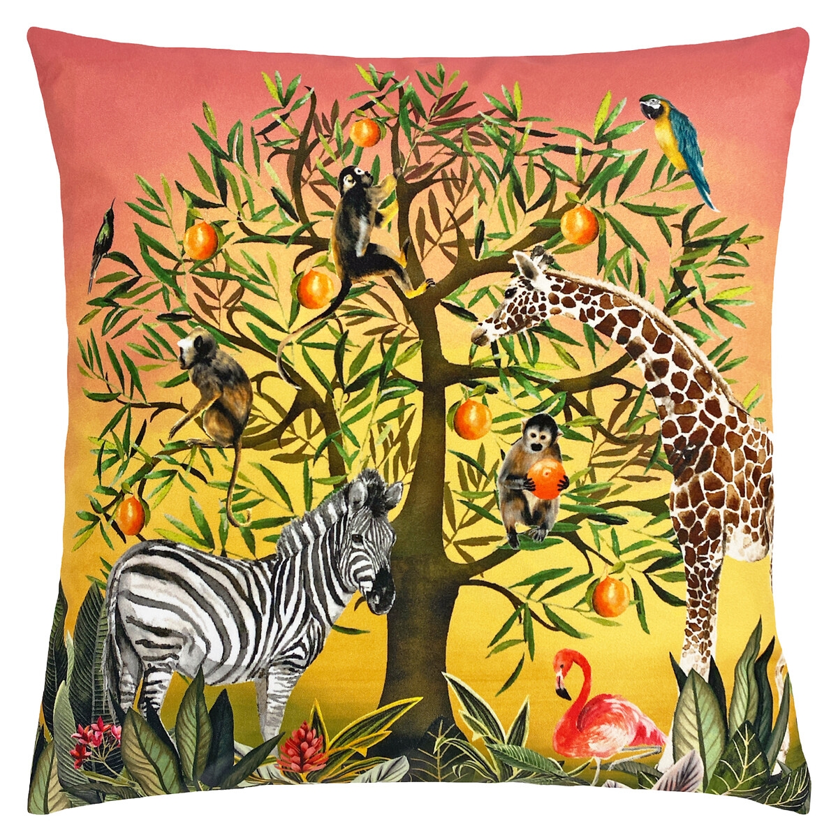 Multicoloured outdoor cushion featuring a vibrant tree design with monkeys, a giraffe, a zebra, and tropical birds, set against a warm gradient background.