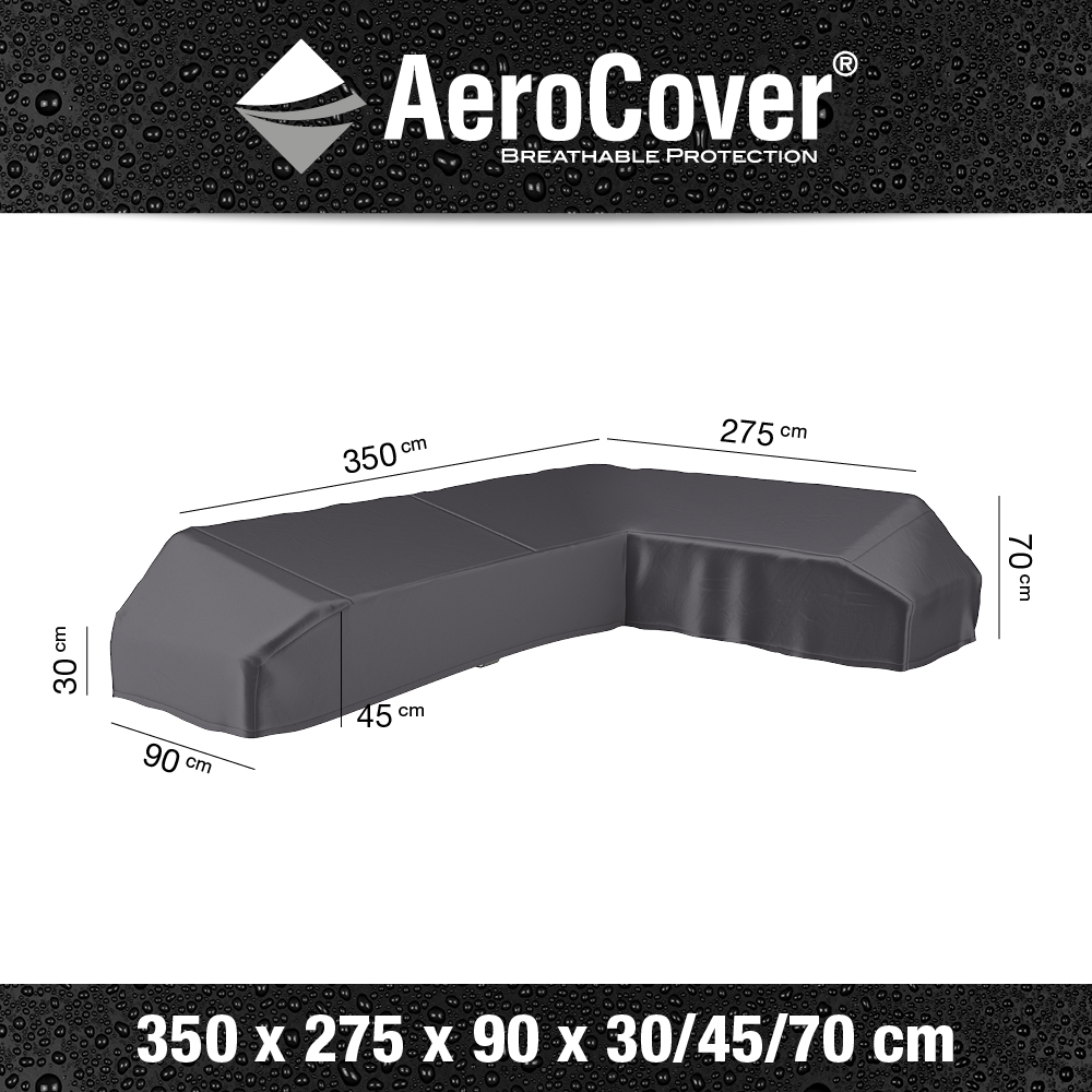 Black Platform Aerocover measuring 350 x 275 x 90 cm with adjustable height options of 30, 45, or 70 cm, featuring a breathable material for outdoor protection.