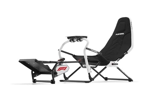 Black padded gaming chair with a sleek design, featuring a sturdy white frame, adjustable pedal plate, and F1 branding for an immersive racing experience.