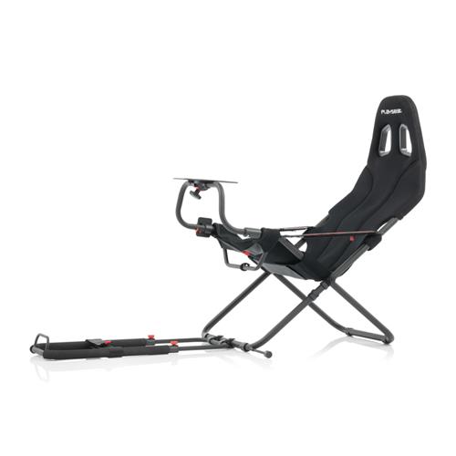 Black racing gaming chair with a sleek design, adjustable seat, and a sturdy metal frame, featuring a foldable structure and a detachable steering wheel mount.