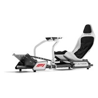 Black and white padded gaming chair designed for racing simulators, featuring an ergonomic seat, adjustable steering wheel mount, and F1 branding.