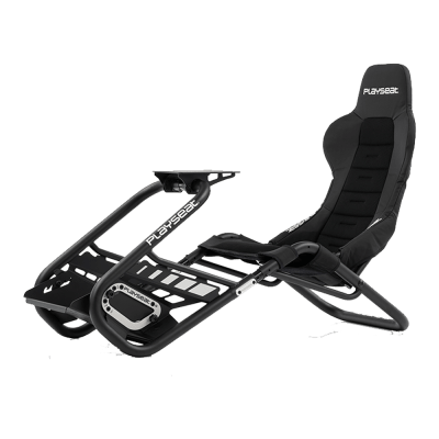 Black PlaySeat Trophy SIM Racing Cockpit featuring a sturdy metal frame, ergonomic design, and adjustable seat for optimal comfort during racing simulations.