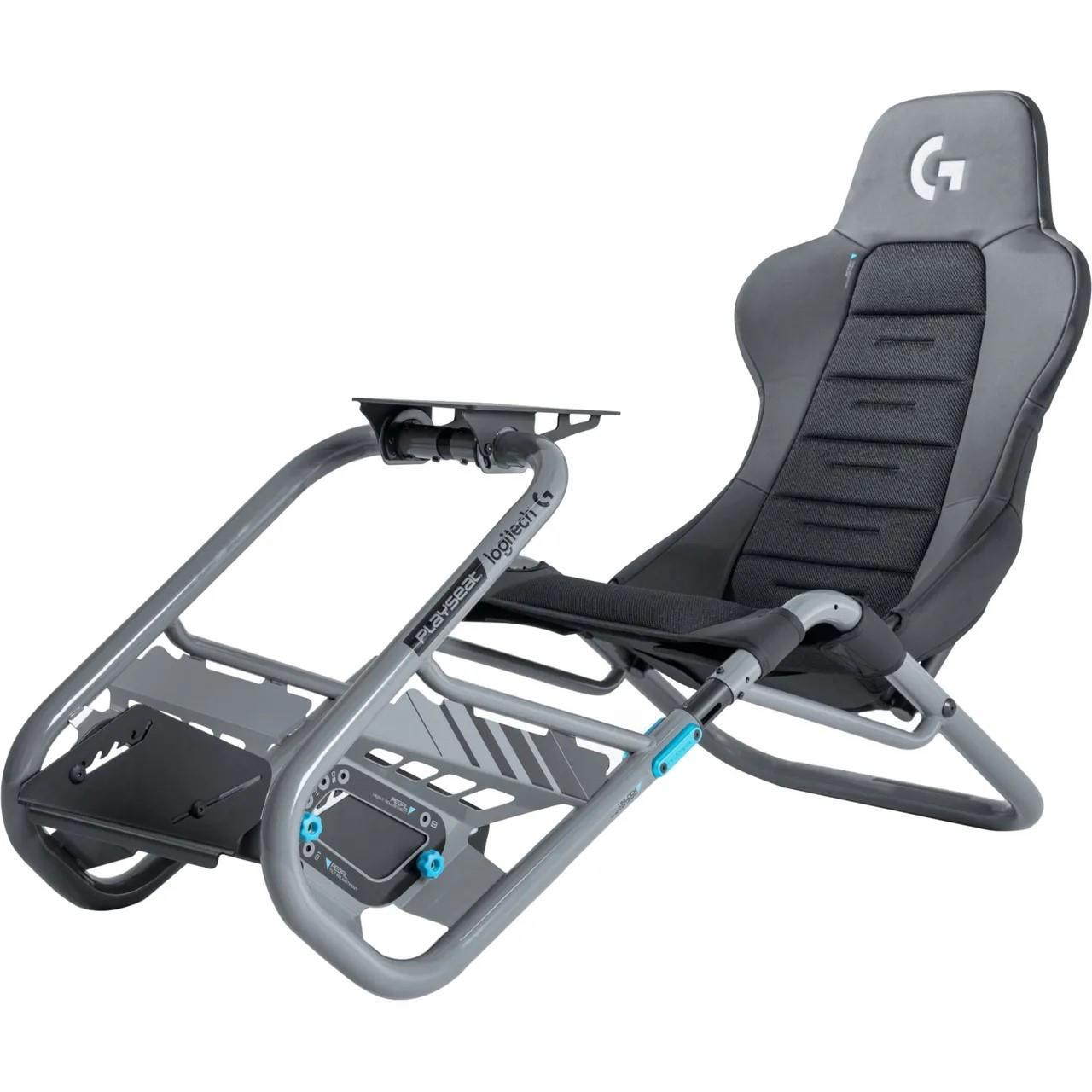 Gray sim racing cockpit featuring a sleek design, adjustable seat, and sturdy metal frame, branded with Logitech G, designed for immersive racing experiences.
