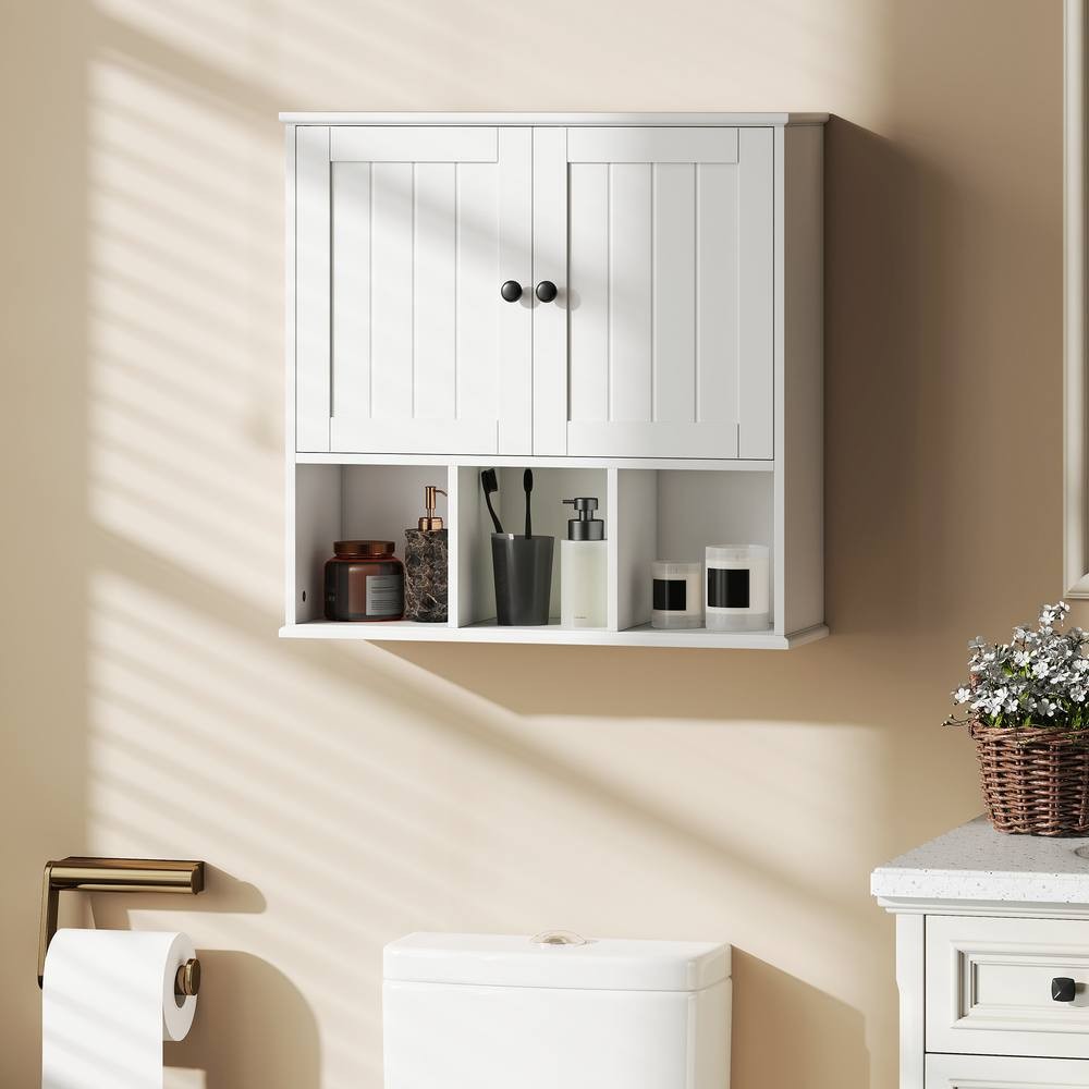 White wooden bathroom wall cabinet featuring two doors, open compartments, and a shelf, ideal for organizing toiletries and decorative items.