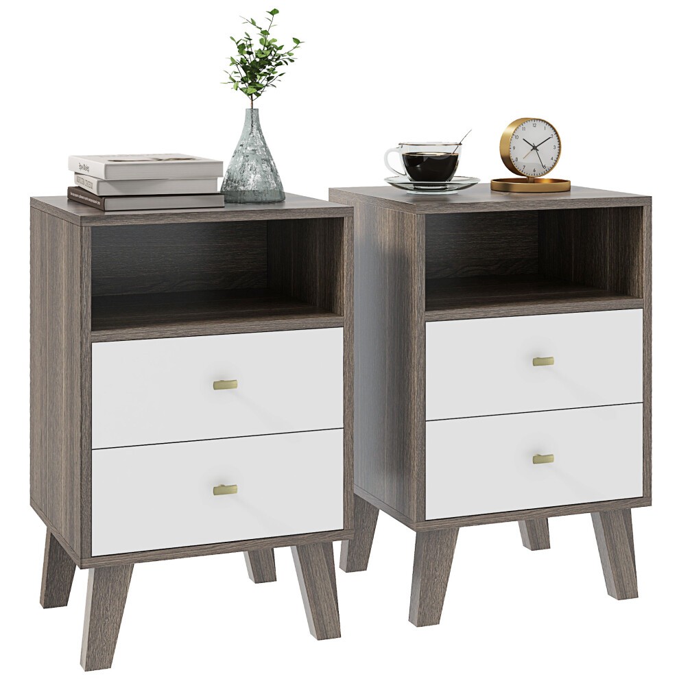 Modern grey bedside tables set of 2 featuring two white drawers, an open cubby, wooden legs, a decorative vase, clock, and coffee cup on top.