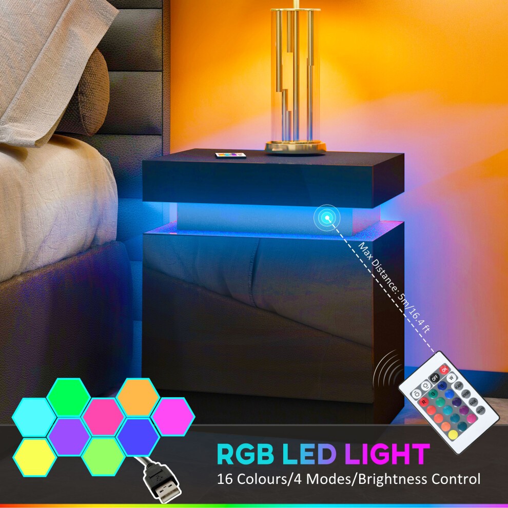 Portland 2 Drawer LED Gloss Black Bedside Table - image 3