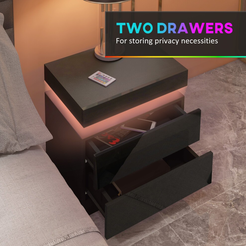 Portland 2 Drawer LED Gloss Black Bedside Table - image 5