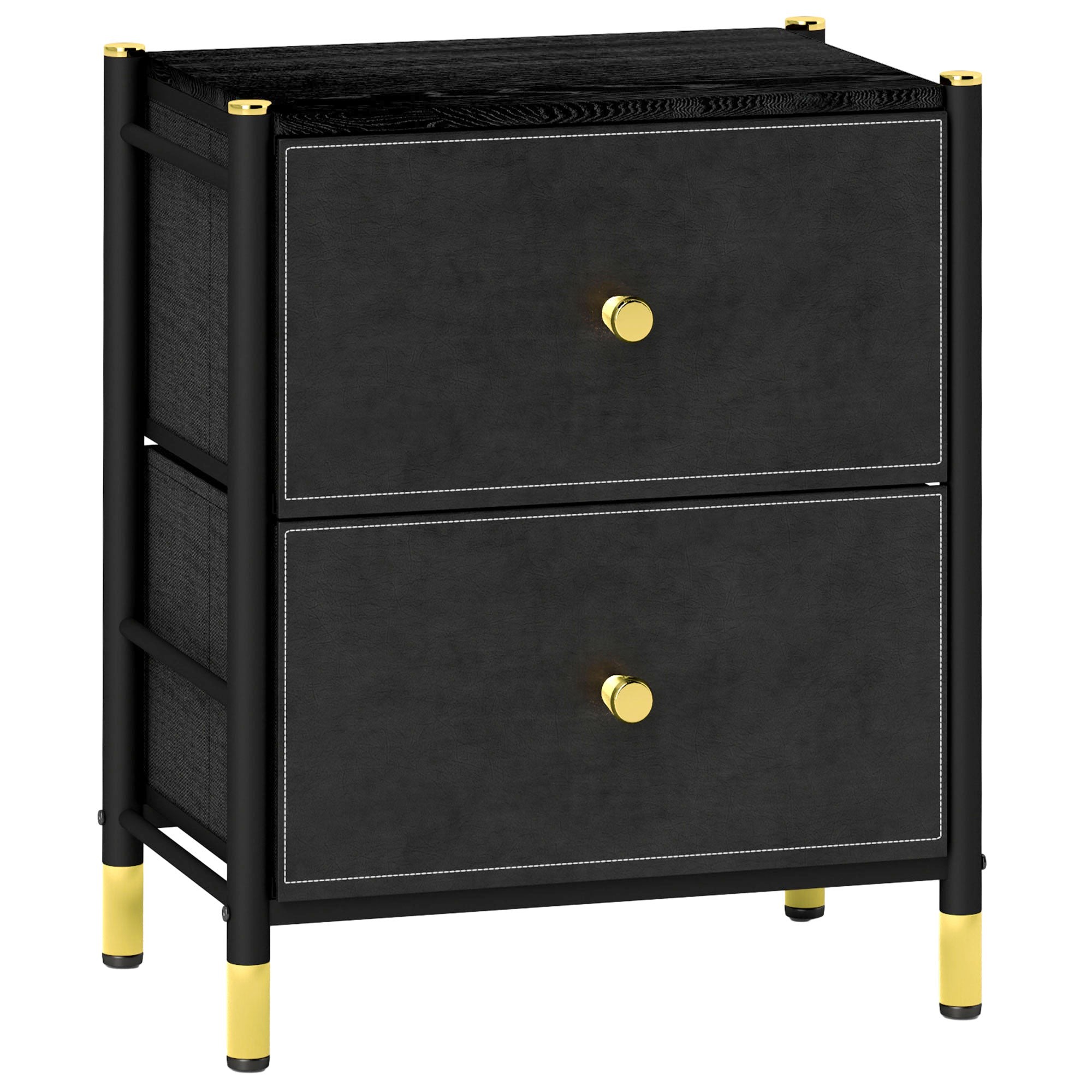Black PU leather bedside table with two drawers, steel legs, and gold knobs, featuring a sleek design and contrasting white accents.