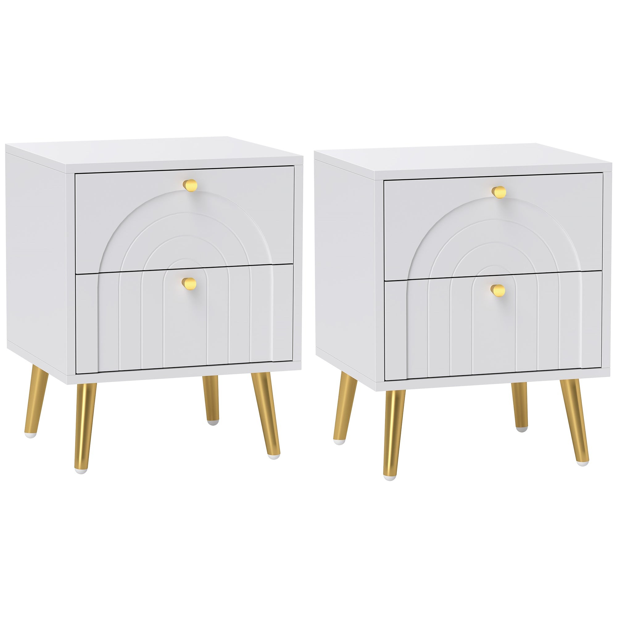 White 2-piece bedside tables set featuring two drawers with a curved design and gold knobs, supported by sleek gold legs, perfect for modern bedroom decor.