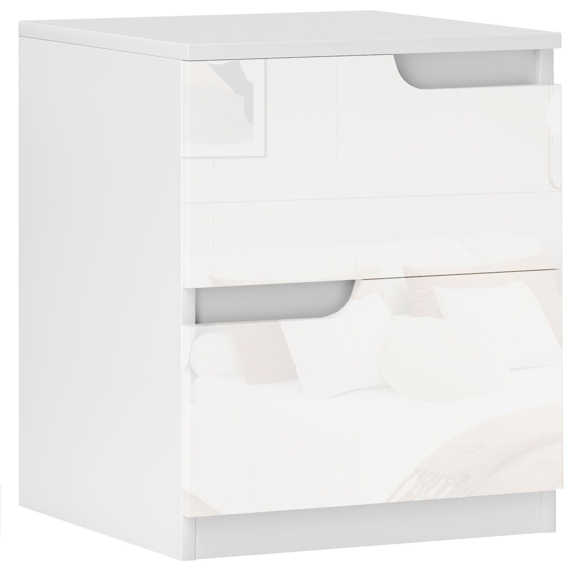 Modern white bedside table with two smooth, handle-less drawers, featuring a sleek design suitable for bedrooms and living rooms.