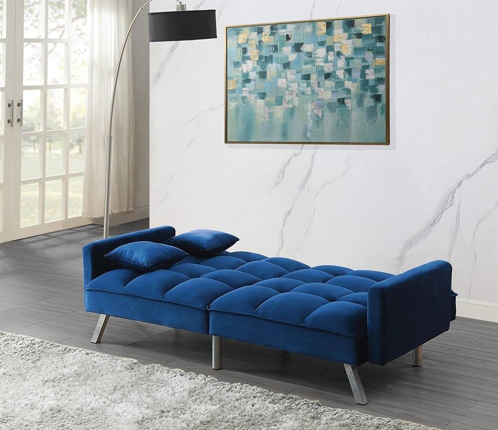 Portland 2 Seater Blue Velvet Sofa Bed with Pillows - image 3
