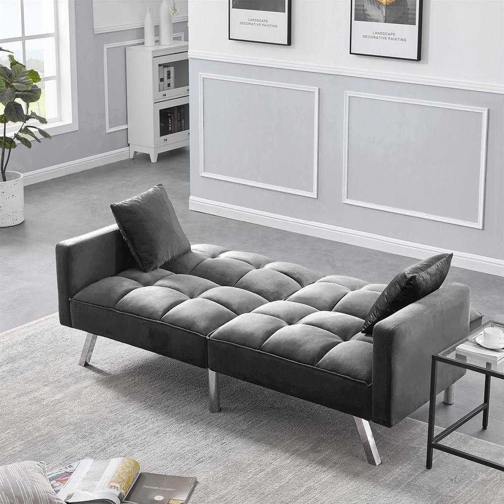 Portland 2 Seater Grey Velvet Sofa Bed with Pillows - image 2