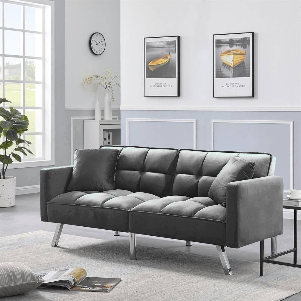 Portland 2 Seater Grey Velvet Sofa Bed with Pillows - image 3