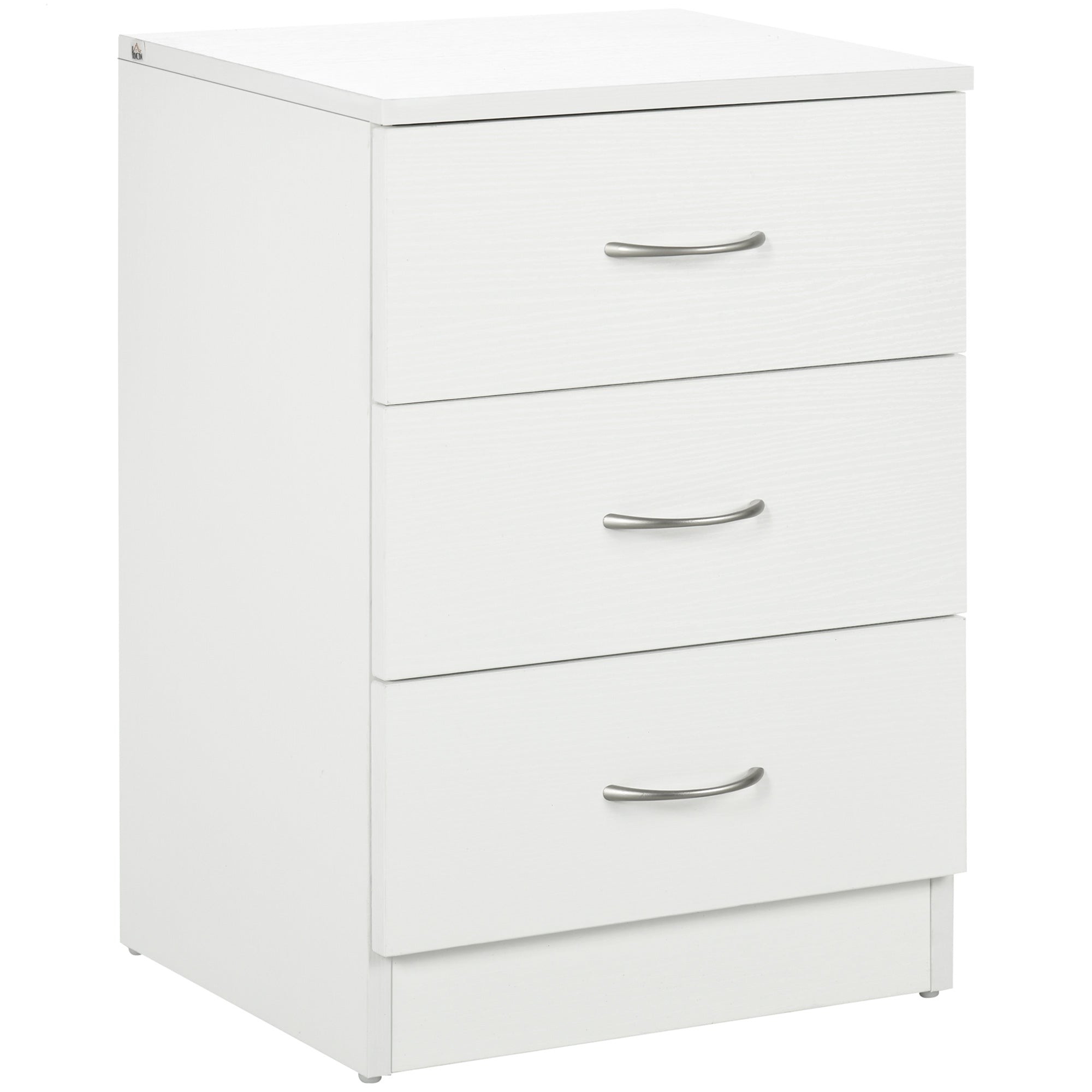 Modern white bedside table with three drawers, featuring a wood effect finish and sleek metal handles, ideal for contemporary bedroom decor.